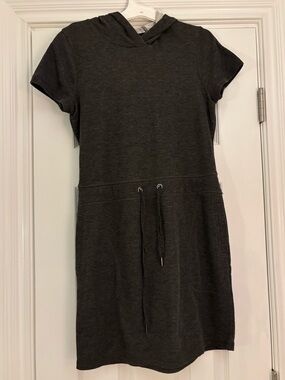 Short-Sleeve Hooded Mini Dress with Drawstring in Charcoal